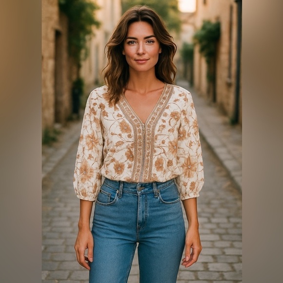 Rose & Olive Tops - Rose & Olive Floral V-Neck Dolman Sleeve Blouse - White and Brown Size M #1496